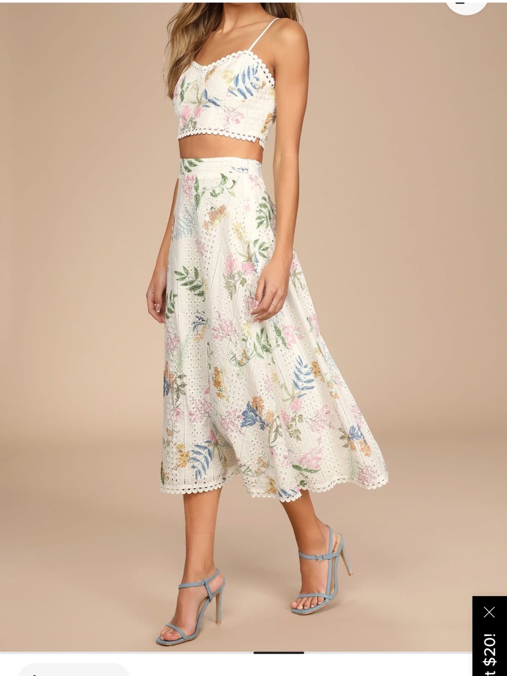 Lulu's Cream Floral Eyelet Two-Piece Midi Skirt Set with Pastel Blooms